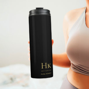 Monogram Modern Minimalist Chic Black Gold Thermal Tumbler