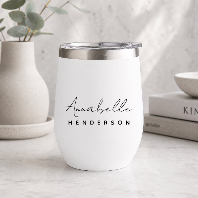Monogram | Modern Minimalist Clean Simple White (Personalized script name wine tumbler by Guava with clean modern minimalist styling)
