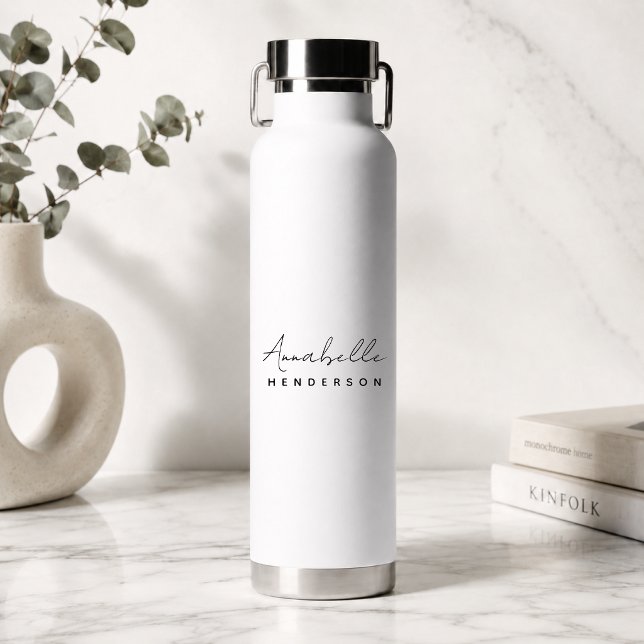 Monogram | Modern Minimalist Clean Simple White Water Bottle (Custom script name reusable bottle with clean modern typography and neutral aesthetic)
