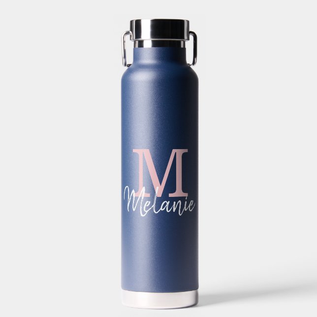 Monogram Modern Minimalist Navy Blue Water Bottle (Front)