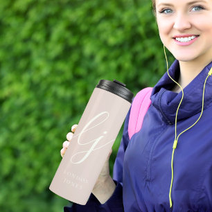 Monogram Modern Minimalist Pink Script Calligraphy Thermal Tumbler