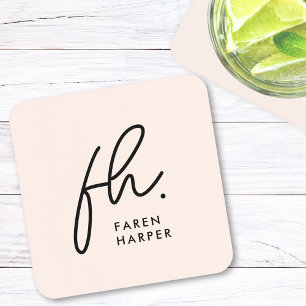 Monogram Modern Minimalist Script Blush Pink Coaster