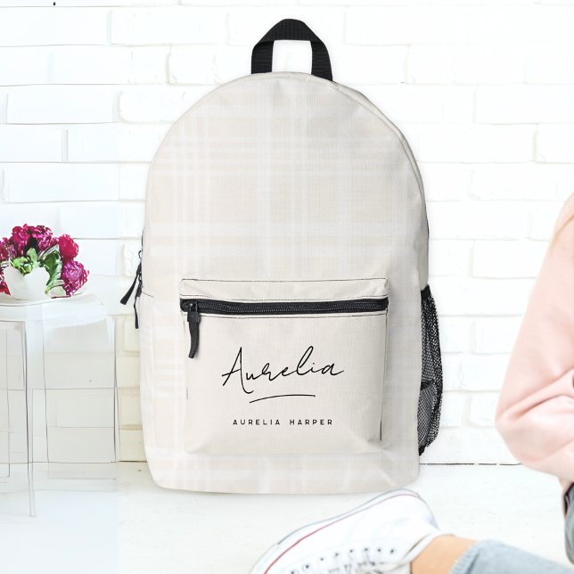 Monogram Modern Minimalist Script Neutral Plaid Printed Backpack (Creator Uploaded)