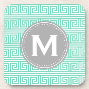 Monogram Modern Mint Greek Key Pattern Coaster