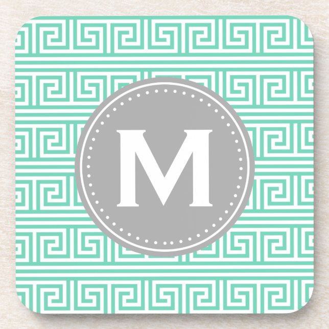 Monogram Modern Mint Greek Key Pattern Coaster (Front)