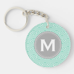 Monogram Modern Mint Greek Key Pattern Keychain