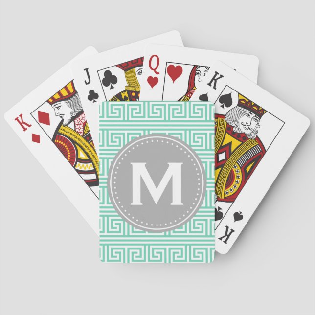 Monogram Modern Mint Greek Key Pattern Playing Cards (Back)