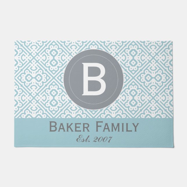 Monogram Modern Moroccan Style Door Mat, Gray Aqua Doormat (Front)