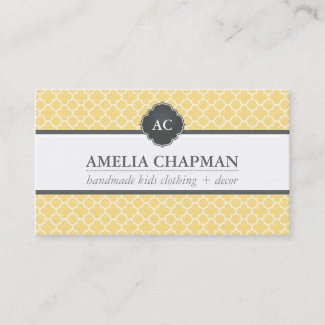 MONOGRAM modern morrocan pattern pale yellow grey Business Card (Front)