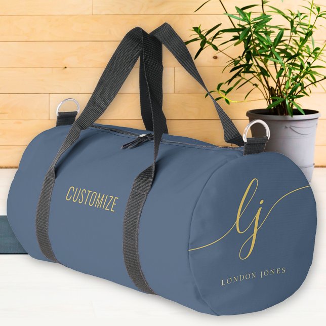 Monogram Modern Navy Blue Gold Elegant Script Duffle Bag (Creator Uploaded)