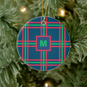 Monogram Modern Navy Blue Green Plaid Holiday Ceramic Ornament