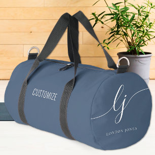 Monogram Modern Navy Blue White Elegant Script Duffle Bag