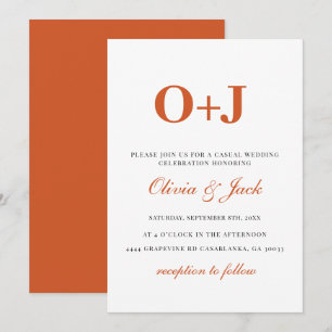 Monogram modern Orange Minimalist Casual Wedding  Invitation