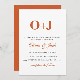Monogram modern Orange Minimalist Casual Wedding  Invitation