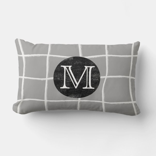 monogram modern painted grid pattern design grey  lumbar pillow (Front)