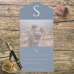 Monogram Modern Photo Dusty Blue No Dinner All In One Invitation