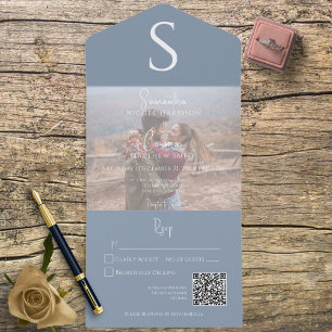 Monogram Modern Photo Dusty Blue QR Code All In One Invitation