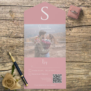 Monogram Modern Photo Dusty Pink QR Code All In One Invitation