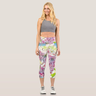 Monogram Modern Pink Cherry Blossom Watercolor Capri Leggings