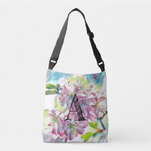 Monogram Modern Pink Cherry Blossom Watercolor Crossbody Bag