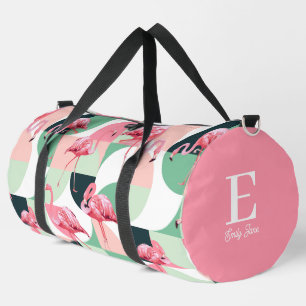 Monogram Modern Pink Flamingo Geometric Girly Name Duffle Bag
