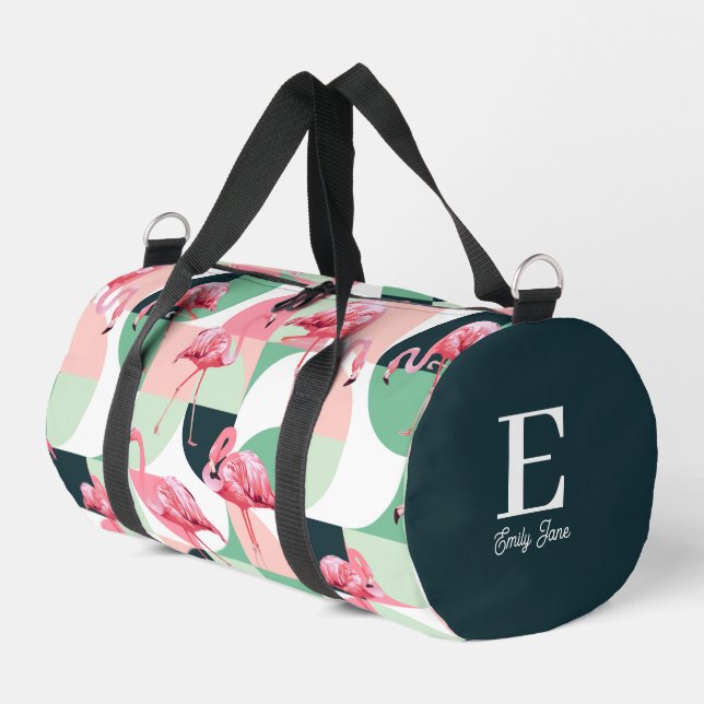 Monogram Modern Pink Flamingo Geometric Girly Name Duffle Bag (Left Corner)