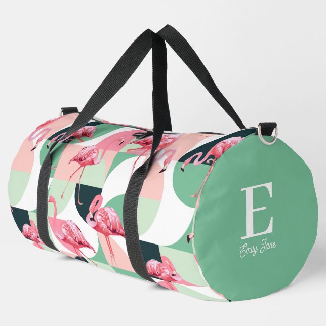 Monogram Modern Pink Flamingo Geometric Girly Name Duffle Bag (Left Corner)