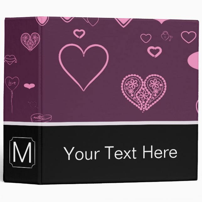 Monogram Modern Pink Purple Heart Pattern Binder (Front/Spine)