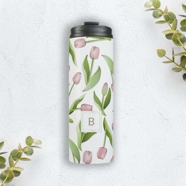Monogram Modern Pink Tulip Pattern Thermal Tumbler (Creator Uploaded)