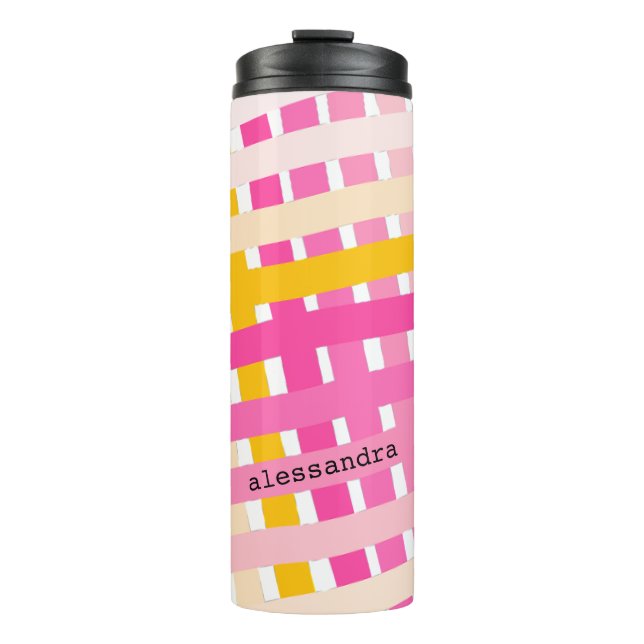 Monogram Modern Pink Yellow Check Plaid Girly  Thermal Tumbler (Front)