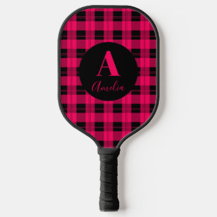 Monogram Modern Plaid Hot Pink Black Pickleball Paddle