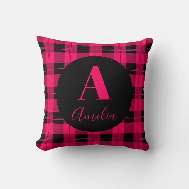 Monogram Modern Plaid Hot Pink Black Throw Pillow (Front)