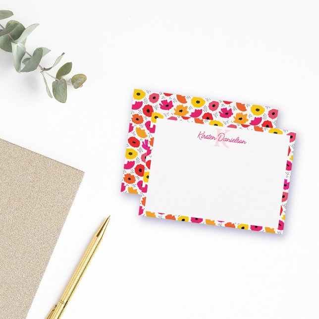 Monogram Modern Poppy Floral Pattern Script Name  Card (Creator Uploaded)