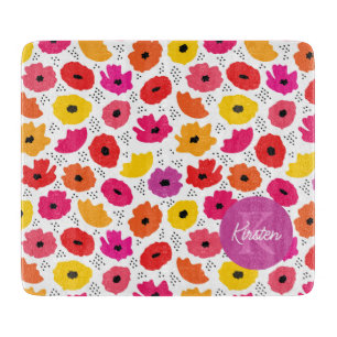 Monogram Modern Poppy Floral Pattern Script Name  Cutting Board