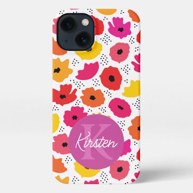 Monogram Modern Poppy Floral Pattern Script Name  iPhone Case (Back)