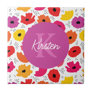 Monogram Modern Poppy Floral Pattern Script Name  Tile