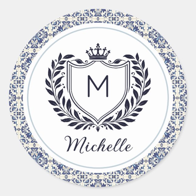 Monogram Modern Portuguese Tiles Azulejos Blue Classic Round Sticker (Front)