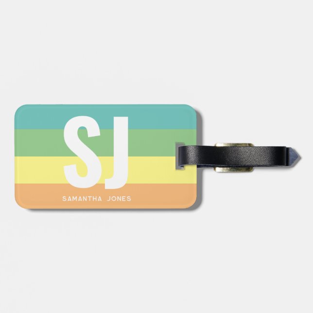 Monogram Modern Rainbow Bold Stripes Initials Luggage Tag (Back Horizontal)