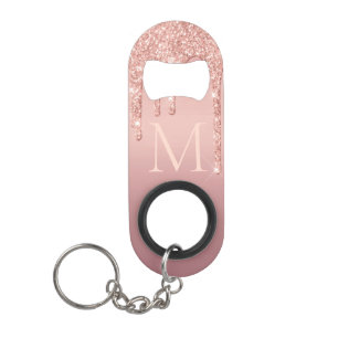 Monogram Modern Rose Gold Blush Glitter Sparkle Keychain Bottle Opener
