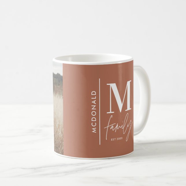 Monogram modern rust personalized photo family coffee mug (Front Right)