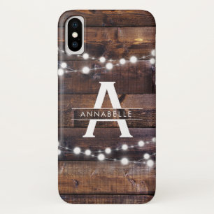 Monogram Modern Rustic Wood String Lights Country Case-Mate iPhone Case
