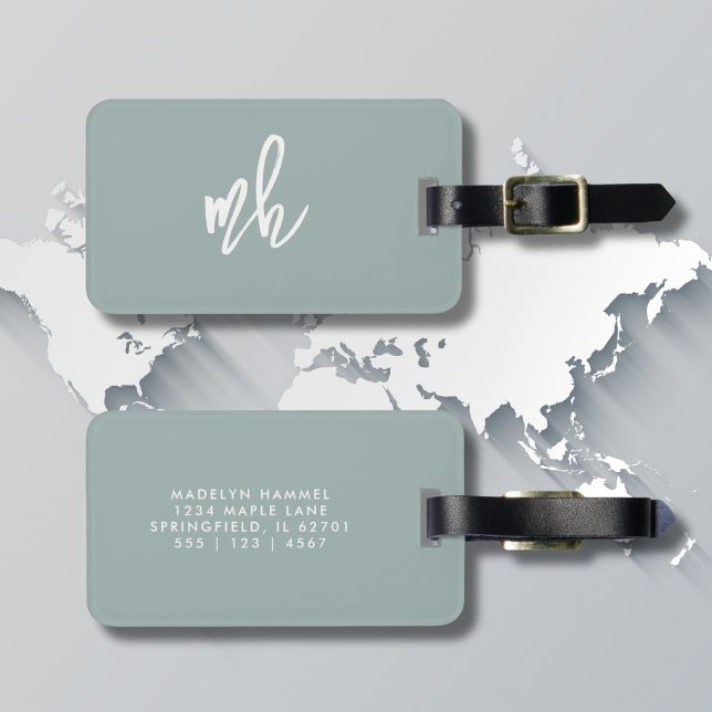 Monogram Modern Script Initials Sage Green Luggage Tag (Creator Uploaded)