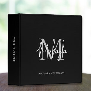 Monogram Modern Script Office School Black Binder