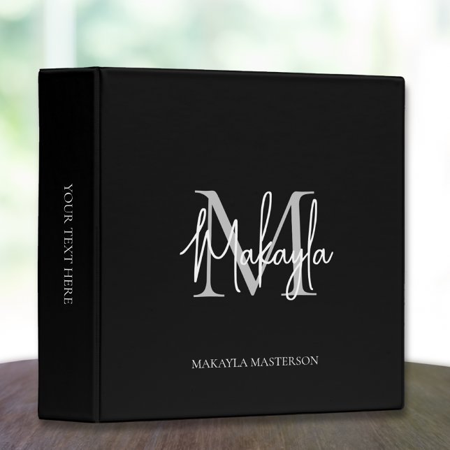 Monogram Modern Script Office School Black Binder (Creator Uploaded)