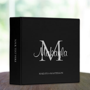 Monogram Modern Script School Office Black Binder