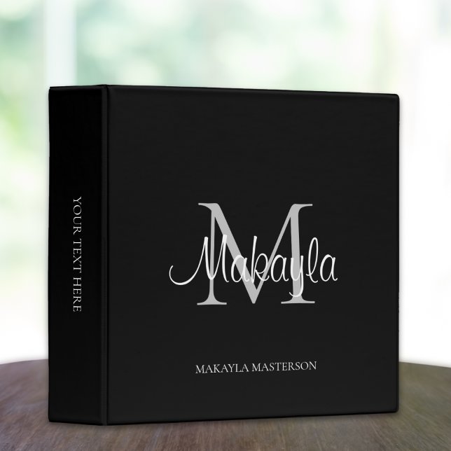 Monogram Modern Script School Office Black Binder (Creator Uploaded)