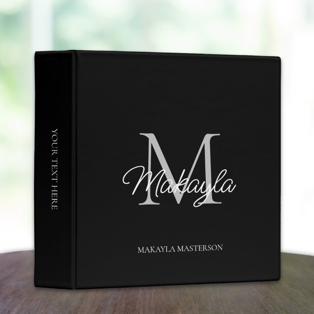 Monogram Modern Script School Office Black Binder (Creator Uploaded)