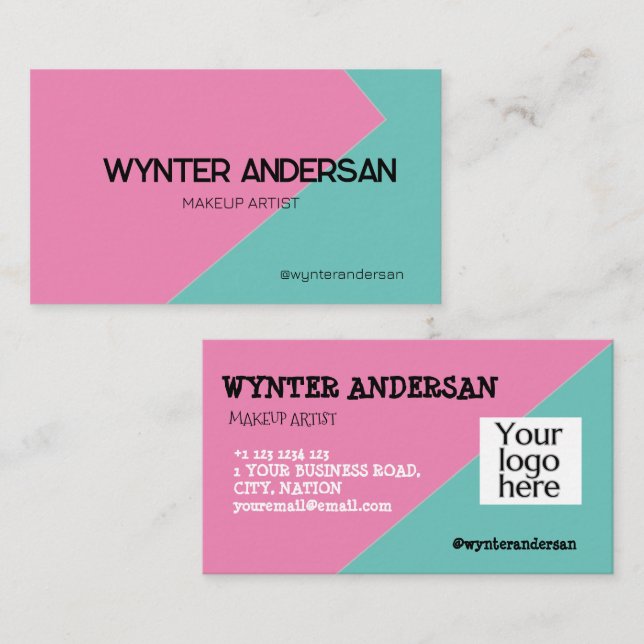 Monogram Modern Shine Pink Green Custom Logo Name Business Card (Front/Back)