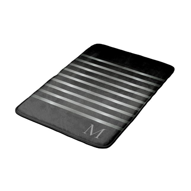 Monogram Modern Silver Stripes on Black Bath Mat (Angled)