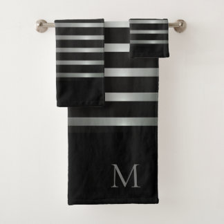 Monogram Modern Silver Stripes on Black Bath Towel Set